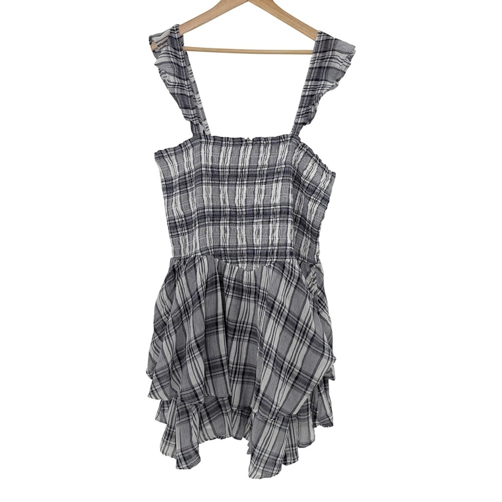 Women's Aerie Plaid Smocked Tiered Ruffle Strap Dress Size XXL Blue White Summer